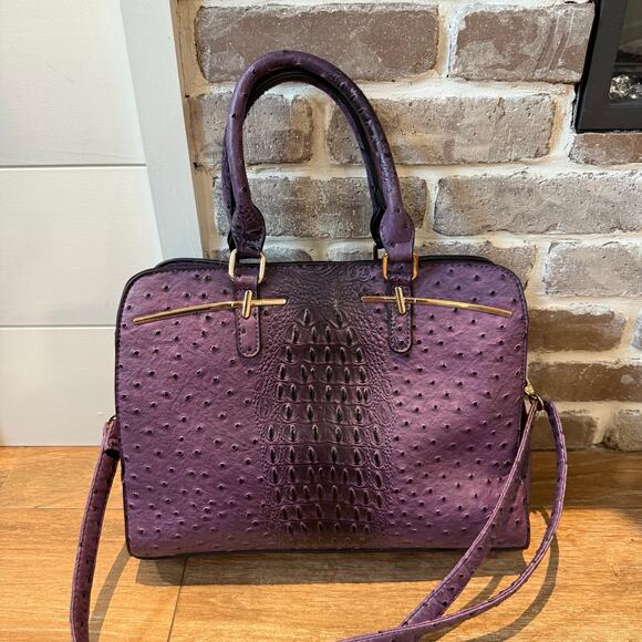 Dasein Embossed Faux Ostrich Textured Purple Leather Satchel Handbag Large - Picture 7 of 10